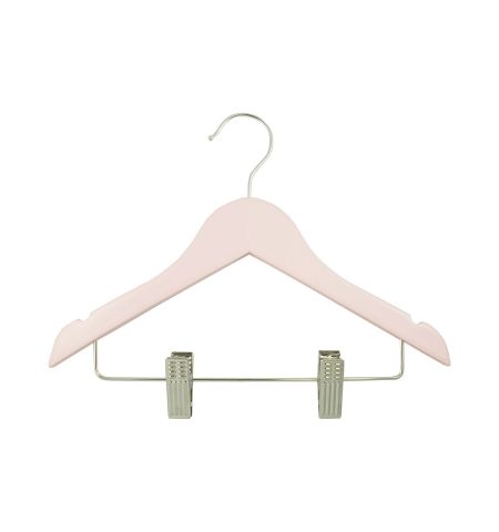 Children's 12" Notched Wooden Hanger with Clips in Pink Color